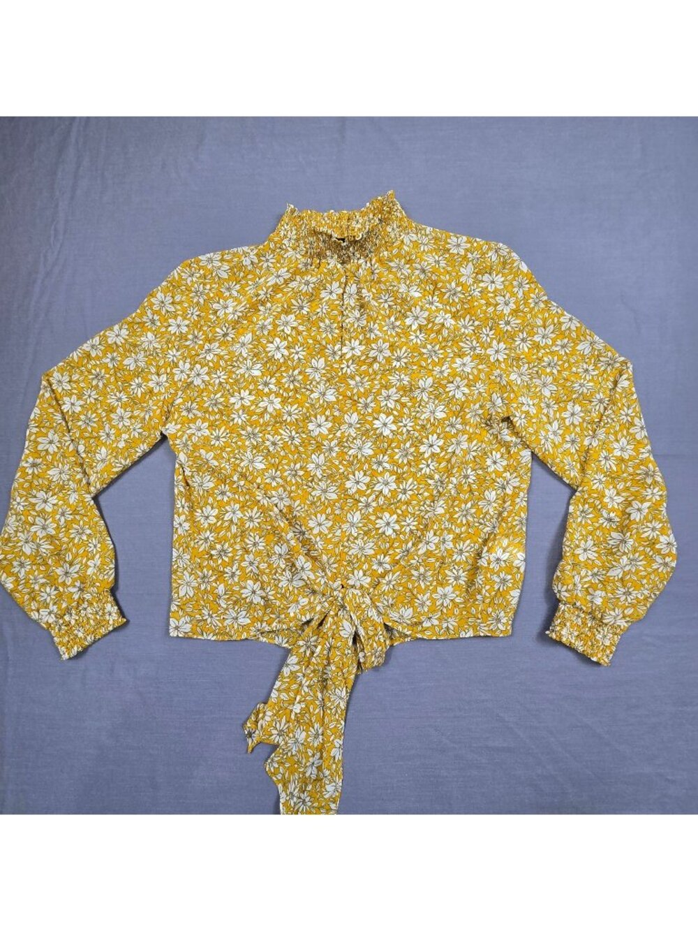 1.State Medium Blouse Yellow Floral Smocked Tie-Front Sheer Boho Shirt